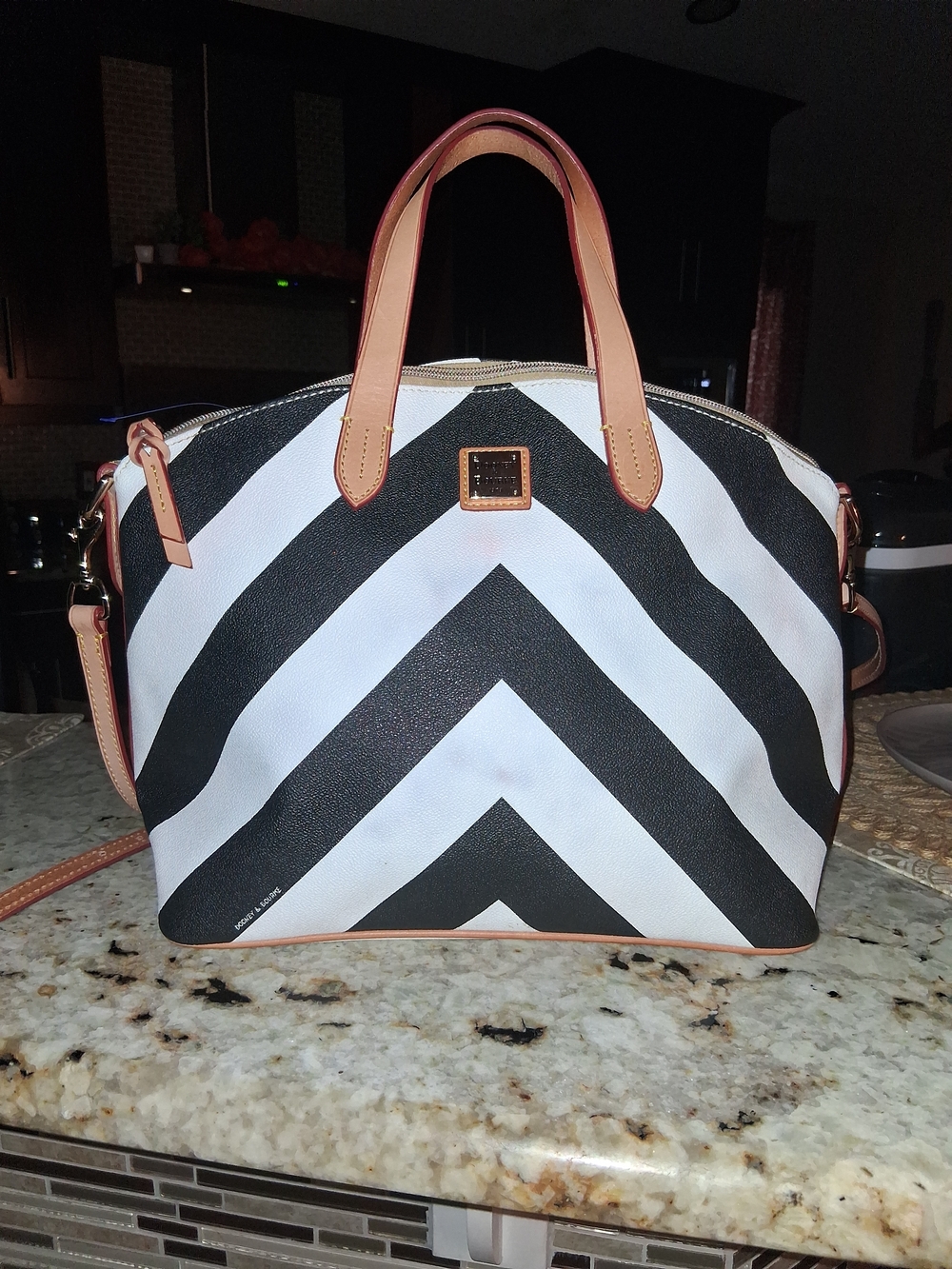 Dooney & BourkeGabrielle Large  Black and White Chevron Satchel with Tan Trim